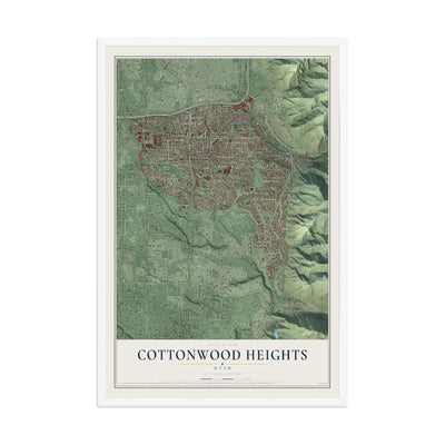 Map of Cottonwood Heights, Utah, 12 x 18 inch print in a white wood frame