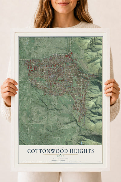 Map of Cottonwood Heights, Utah, 18 x 24 inch print in a white wood frame
