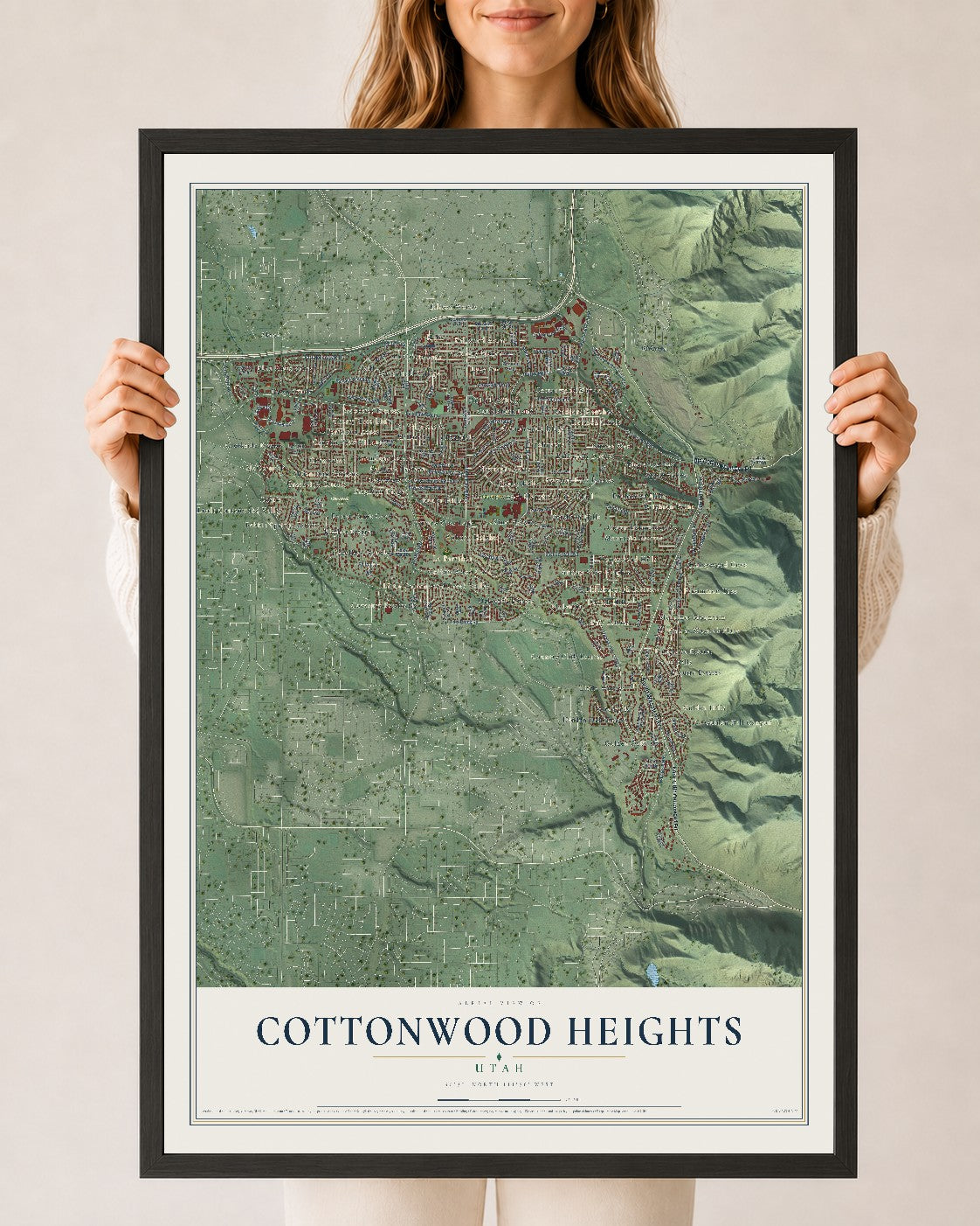 Map of Cottonwood Heights, Utah, 24 x 36 inch print in a black wood frame