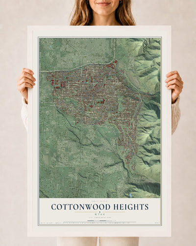 Map of Cottonwood Heights, Utah, 24 x 36 inch print in a white wood frame