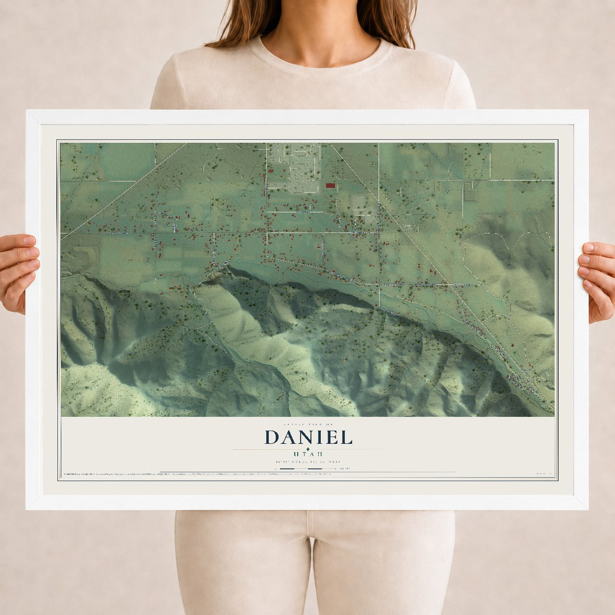 Map of Daniel, Utah, 18 x 24 inch print in a white wood frame