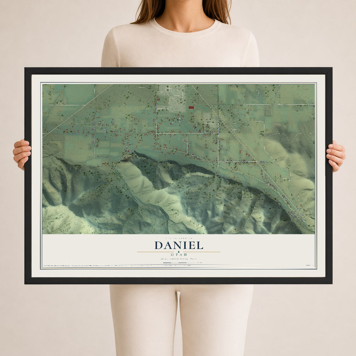 Map of Daniel, Utah, 24 x 36 inch print in a black wood frame
