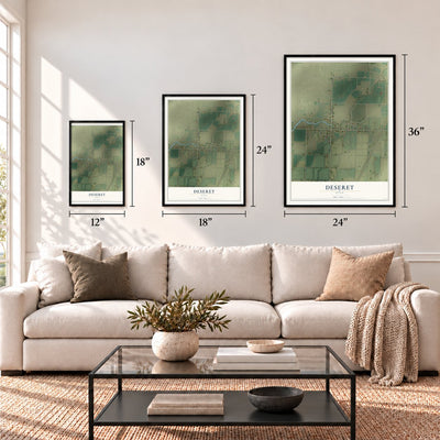 Deseret, Utah map in 12 x 18, 18 x 24 and 24 x 36 inch sizes above a sofa