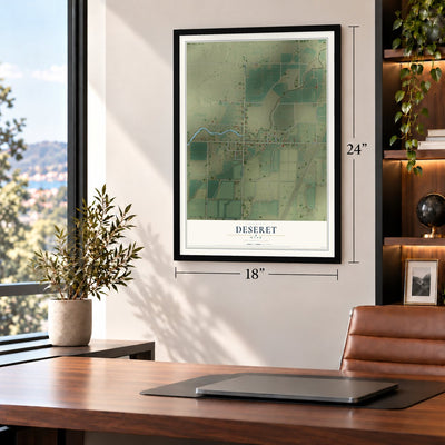 Deseret, Utah map, 18 x 24 inch print in a black frame in a home office