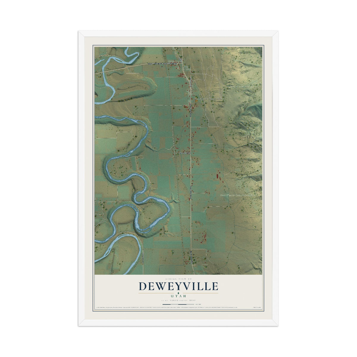 Map of Deweyville, Utah, 12 x 18 inch print in a white wood frame