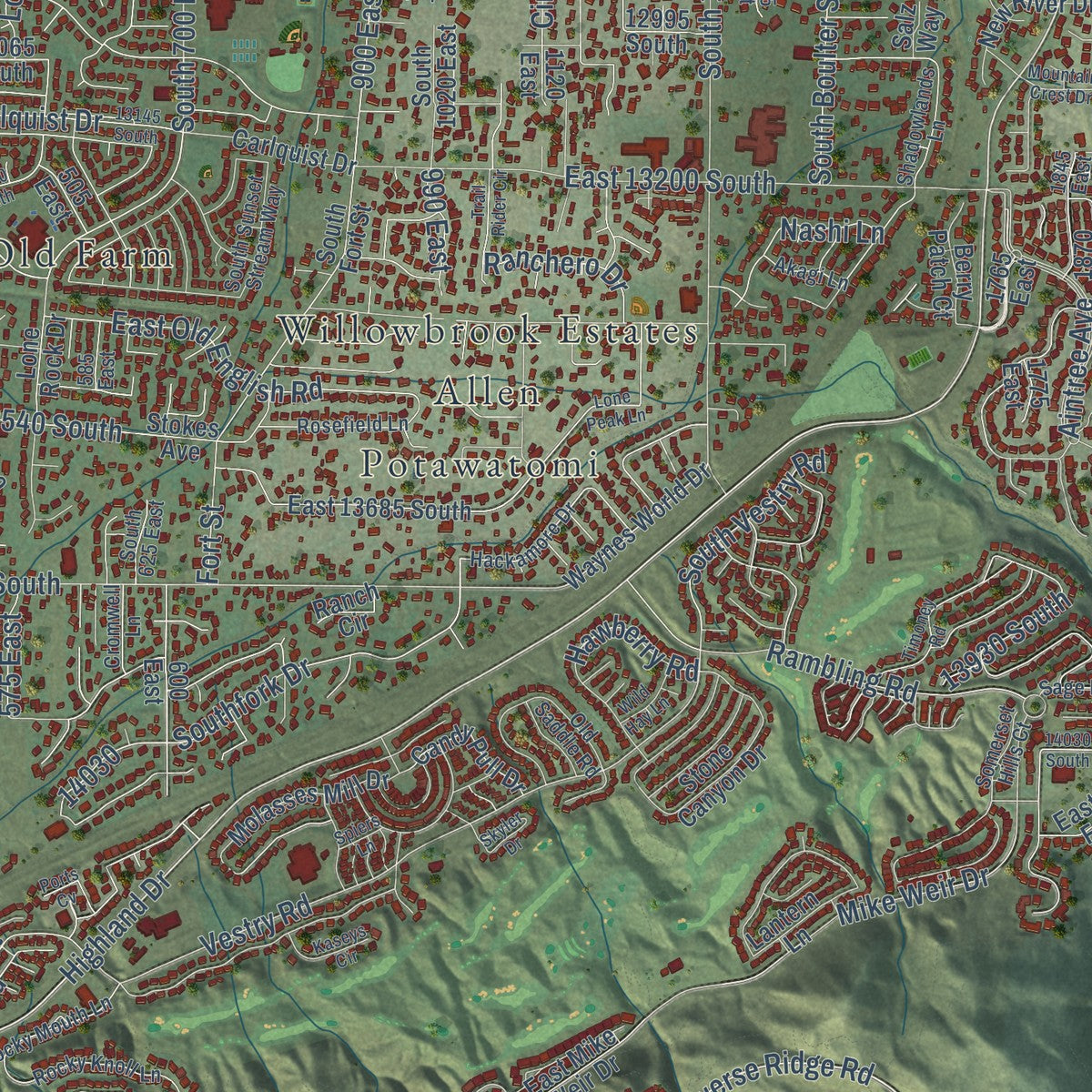 Close-up of the map of Draper, Utah print showing street and building detail