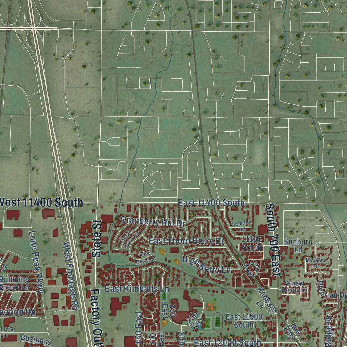 Second close-up of the map of Draper, Utah print showing more streets and buildings