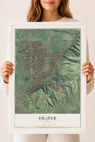 Map of Draper, Utah, 18 x 24 inch print in a white wood frame