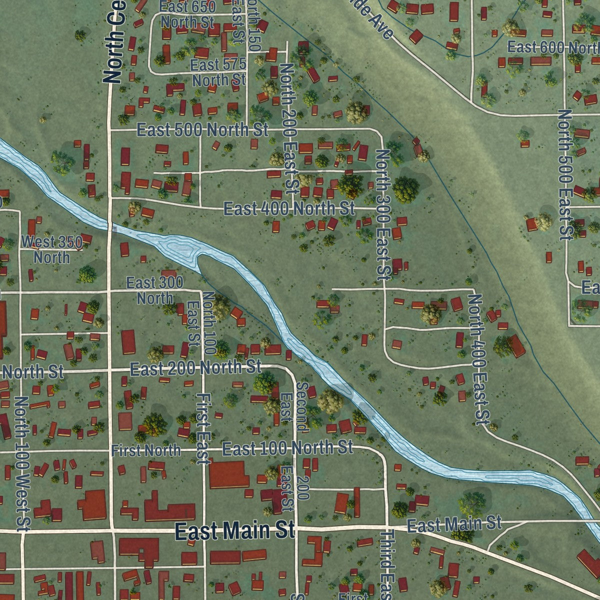 Close-up of the map of Duchesne, Utah print showing street and building detail