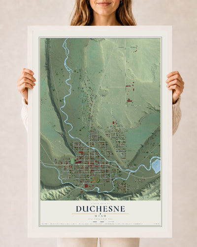 Map of Duchesne, Utah, 24 x 36 inch print in a white wood frame