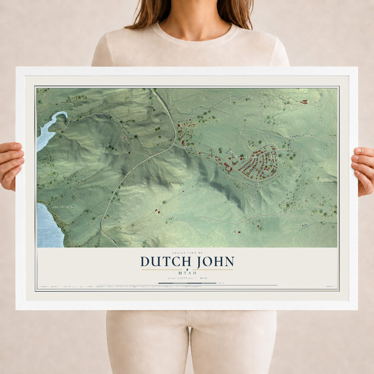 Map of Dutch John, Utah, 18 x 24 inch print in a white wood frame
