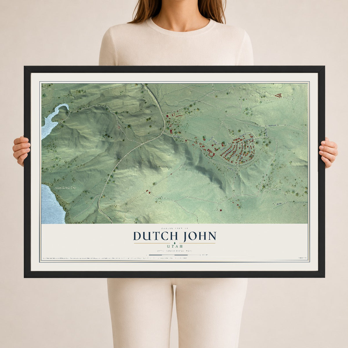 Map of Dutch John, Utah, 24 x 36 inch print in a black wood frame
