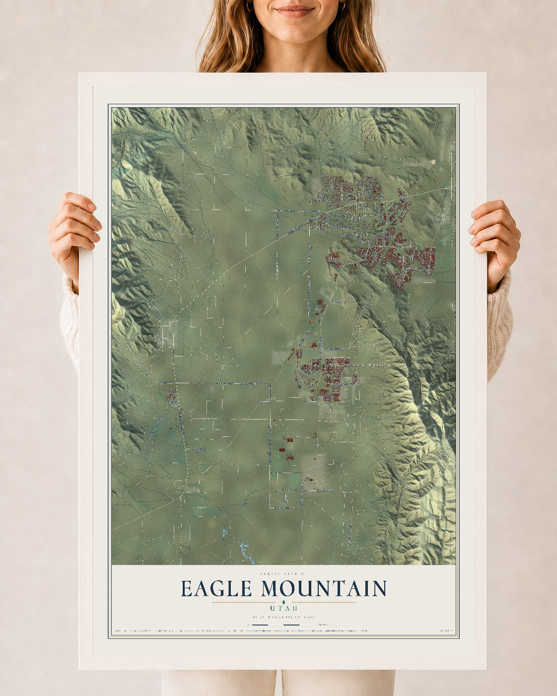 Map of Eagle Mountain, Utah, 24 x 36 inch print in a white wood frame