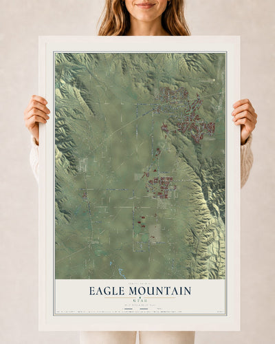 Map of Eagle Mountain, Utah, 24 x 36 inch print in a white wood frame