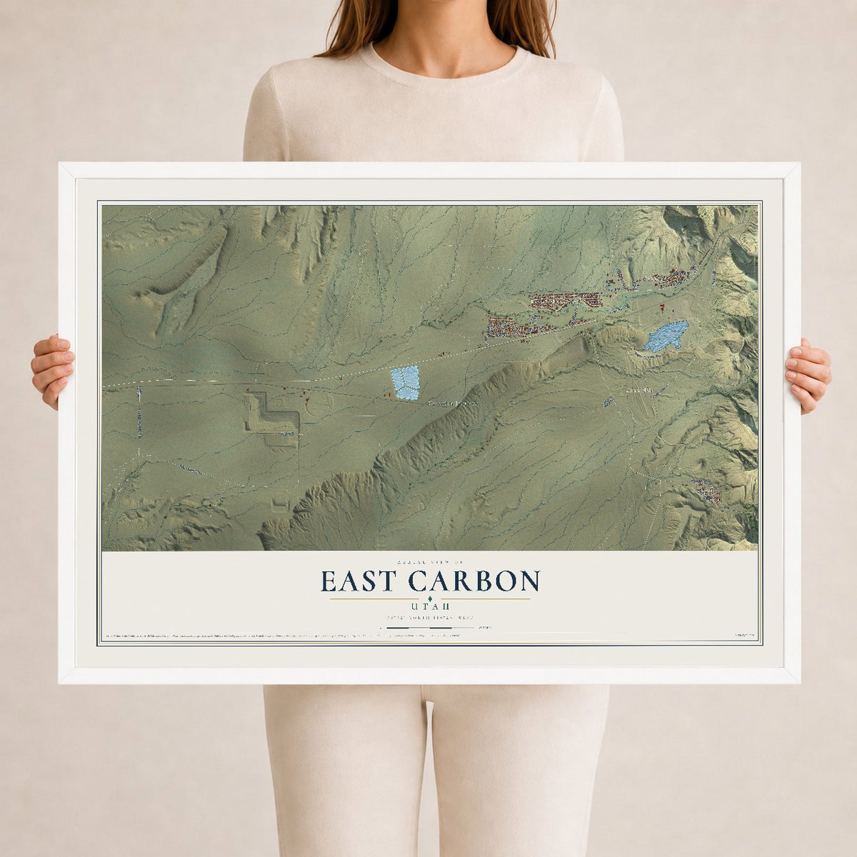 Map of East Carbon, Utah, 24 x 36 inch print in a white wood frame