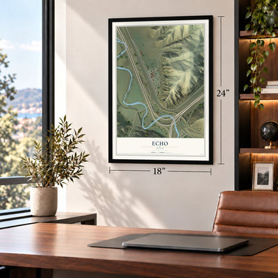 Echo, Utah map, 18 x 24 inch print in a black frame in a home office