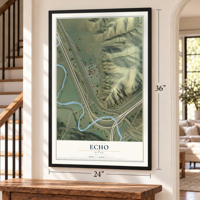 Echo, Utah map, 24 x 36 inch print in a black frame by a staircase