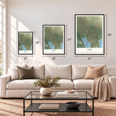 Eden, Utah map in 12 x 18, 18 x 24 and 24 x 36 inch sizes above a sofa