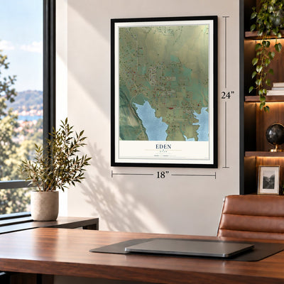 Eden, Utah map, 18 x 24 inch print in a black frame in a home office