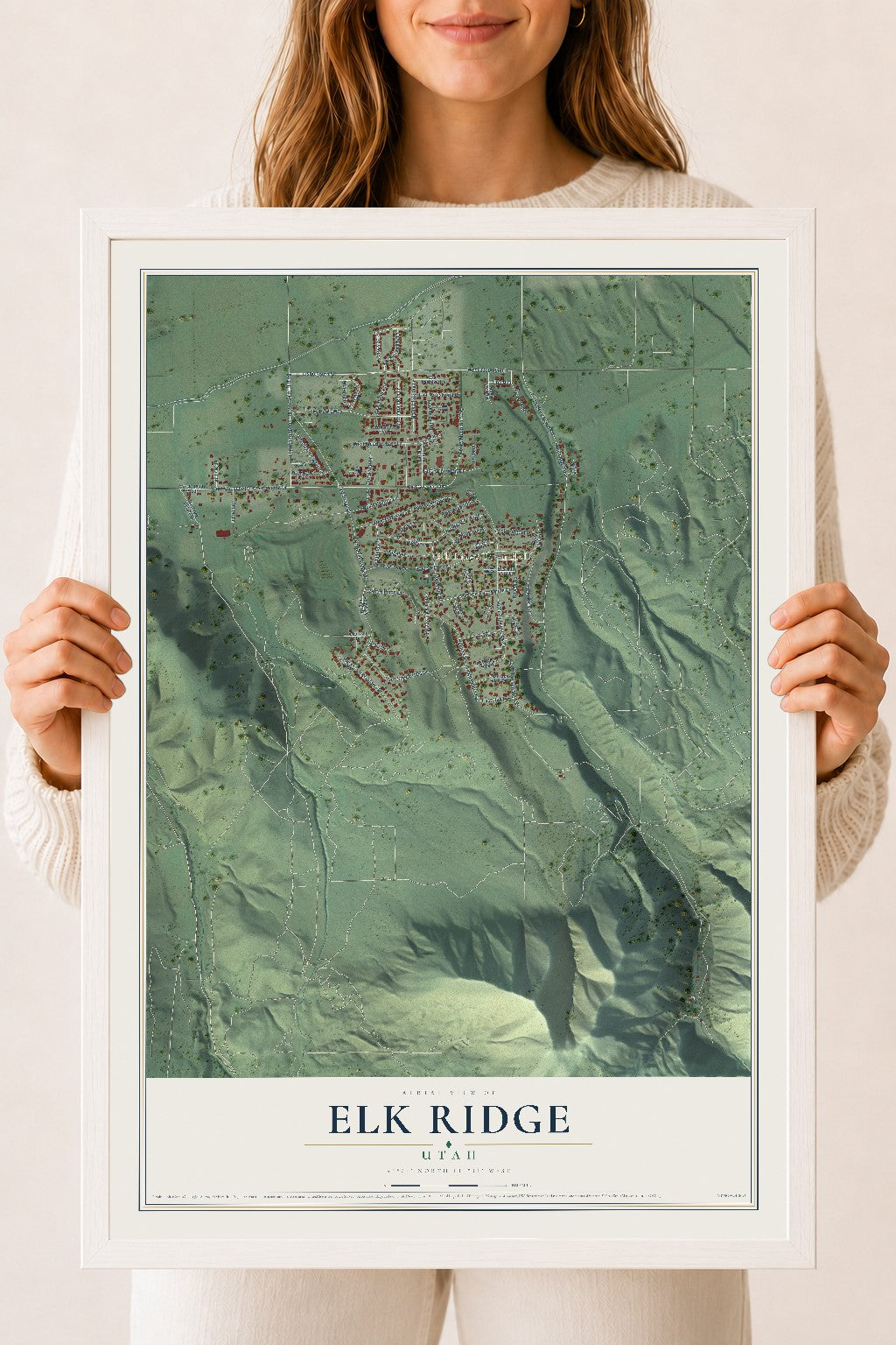 Map of Elk Ridge, Utah, 18 x 24 inch print in a white wood frame
