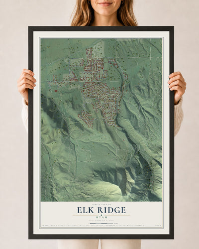 Map of Elk Ridge, Utah, 24 x 36 inch print in a black wood frame