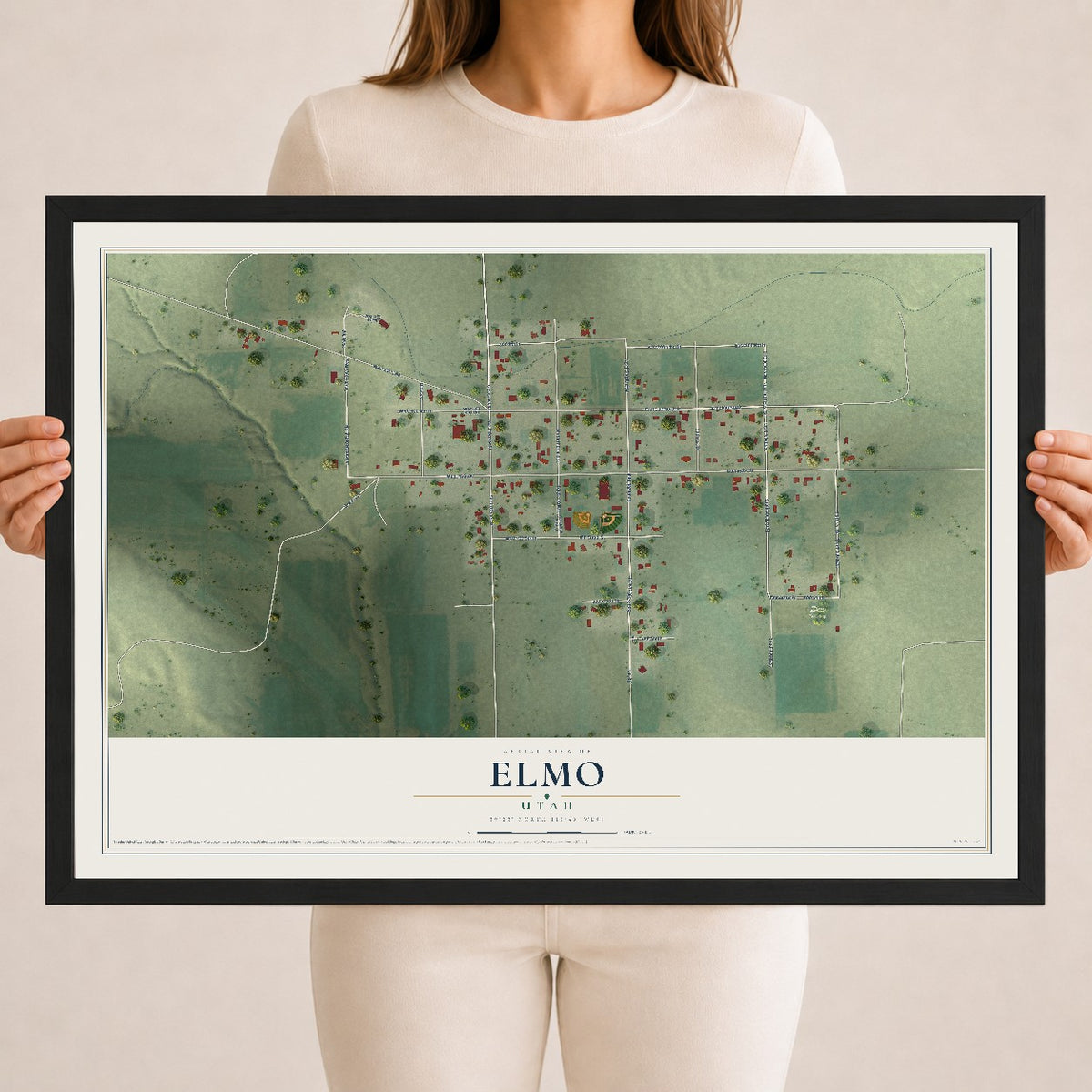 Map of Elmo, Utah, 18 x 24 inch print in a black wood frame
