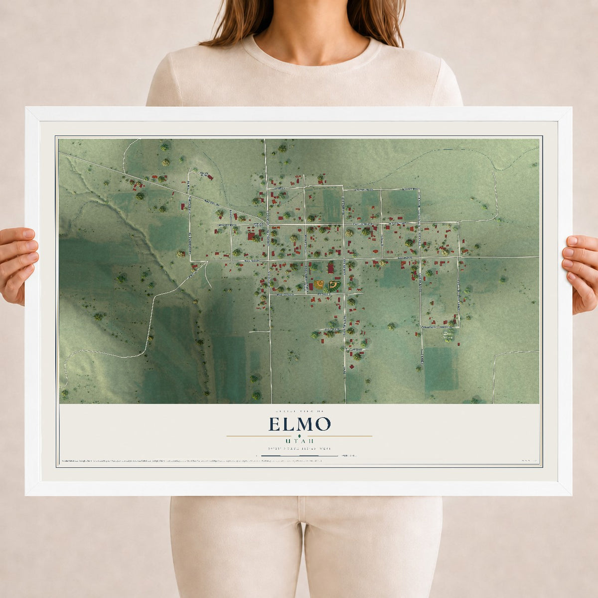 Map of Elmo, Utah, 18 x 24 inch print in a white wood frame