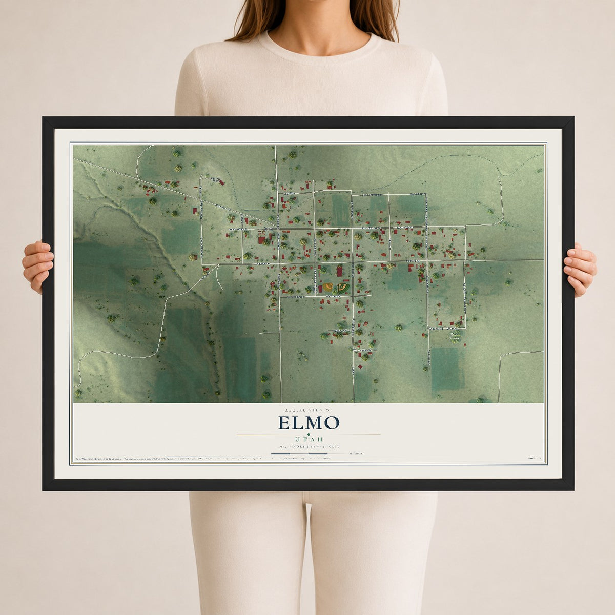 Map of Elmo, Utah, 24 x 36 inch print in a black wood frame