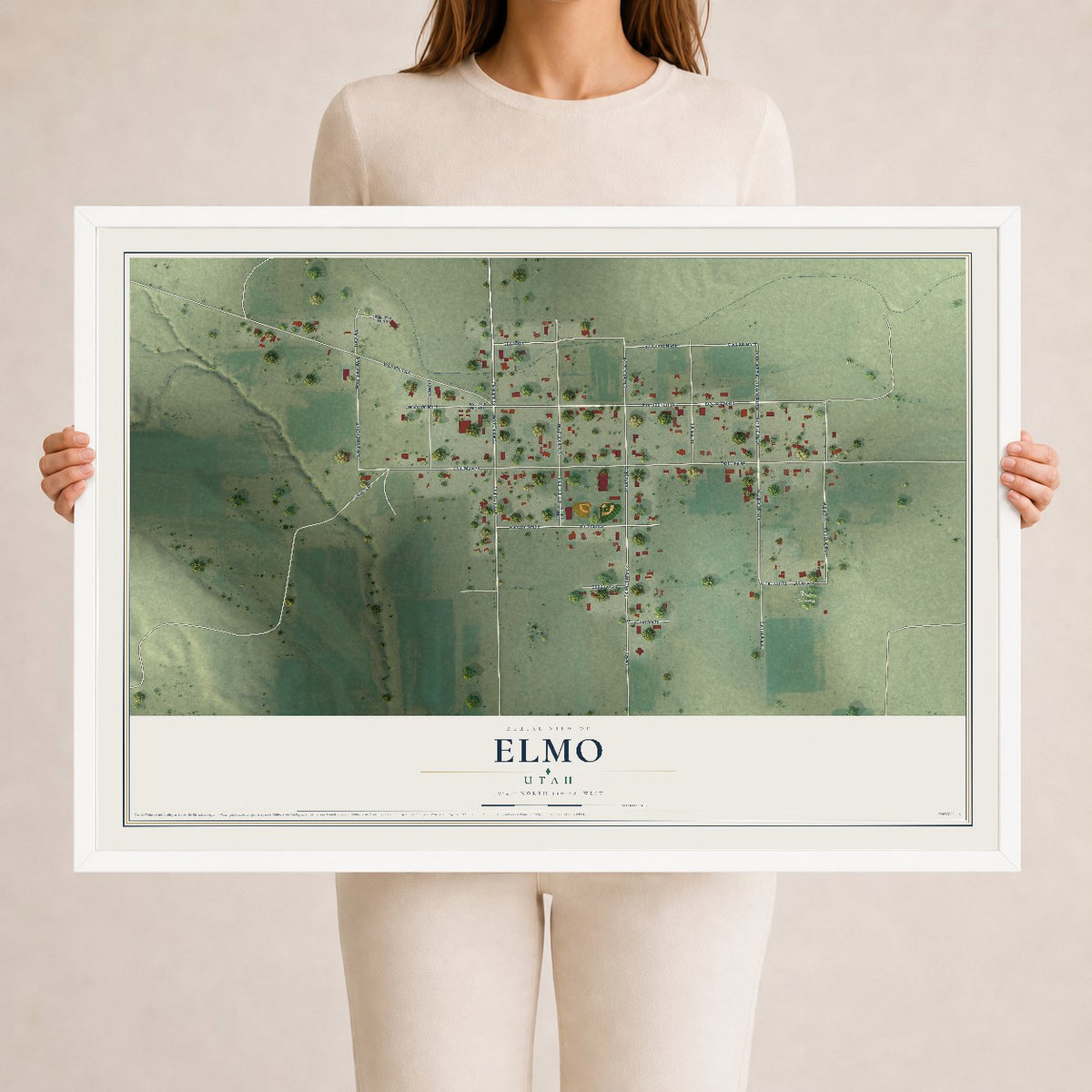 Map of Elmo, Utah, 24 x 36 inch print in a white wood frame