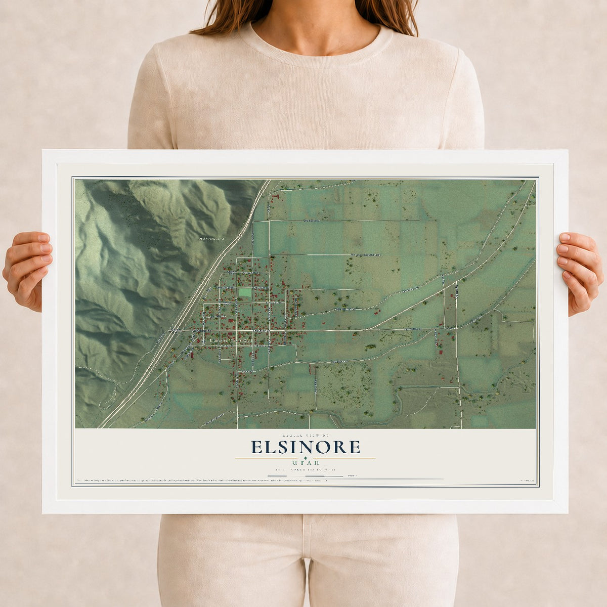 Map of Elsinore, Utah, 12 x 18 inch print in a white wood frame