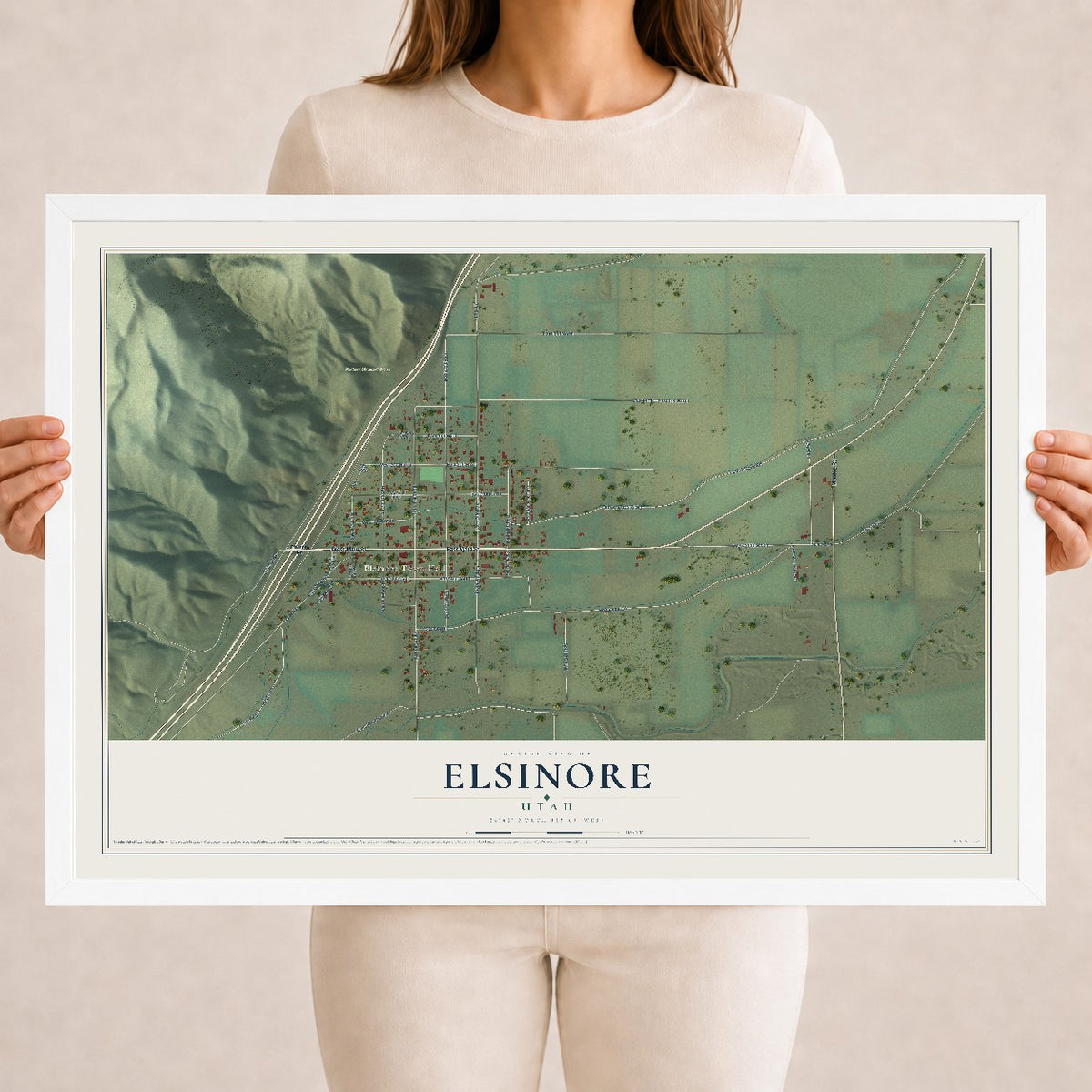 Map of Elsinore, Utah, 18 x 24 inch print in a white wood frame
