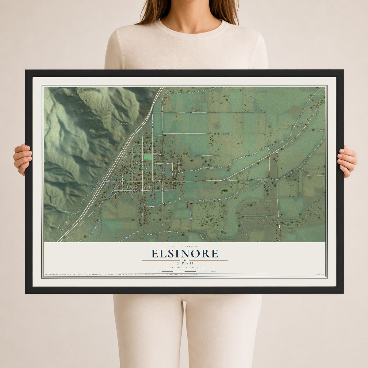 Map of Elsinore, Utah, 24 x 36 inch print in a black wood frame