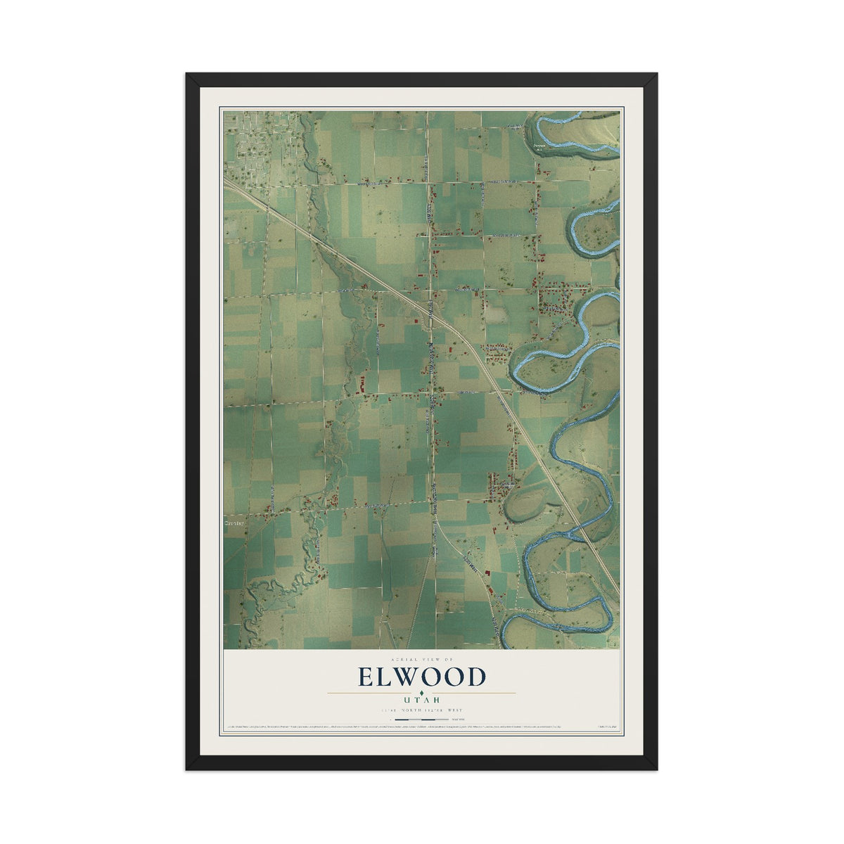 Map of Elwood, Utah, 12 x 18 inch print in a black wood frame