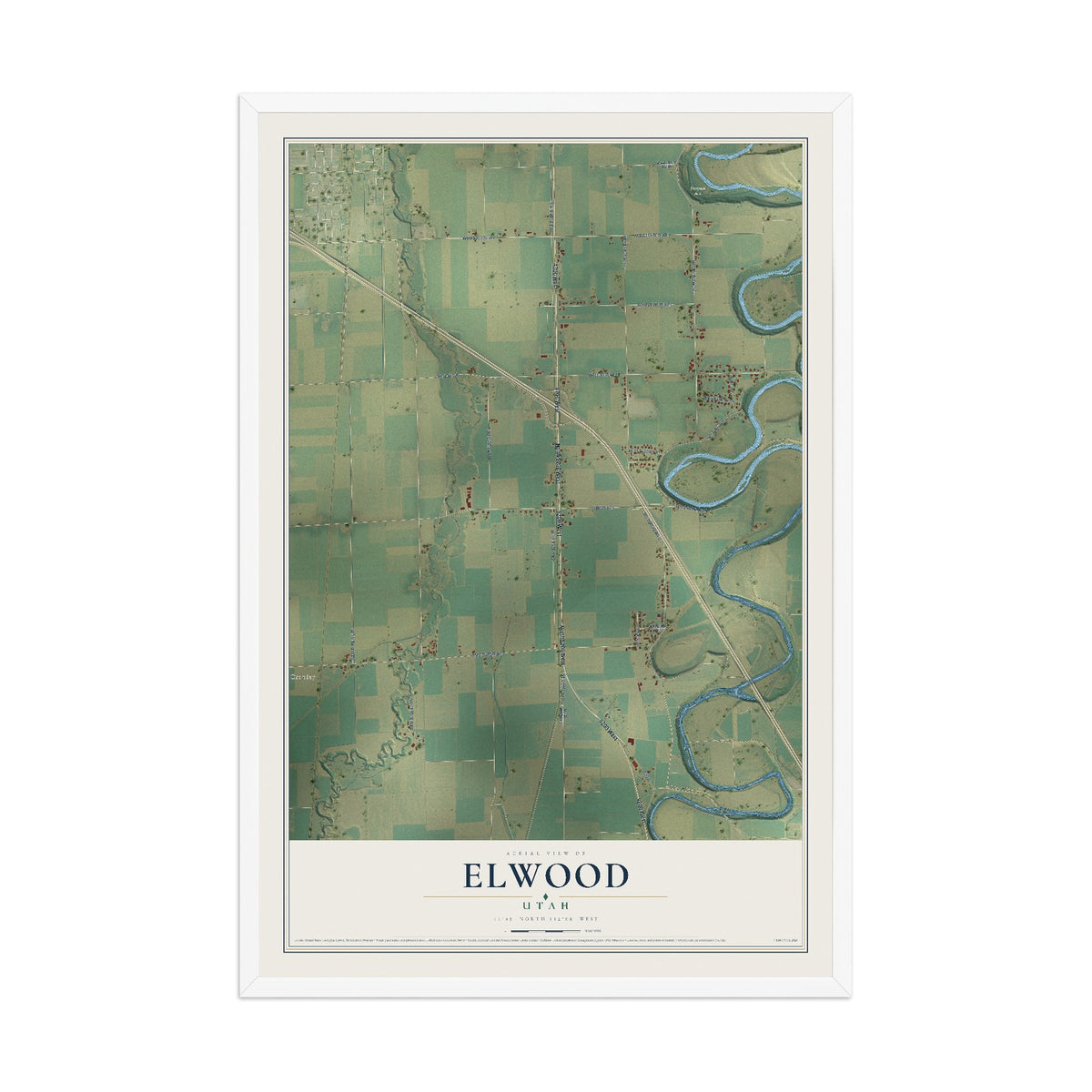 Map of Elwood, Utah, 12 x 18 inch print in a white wood frame