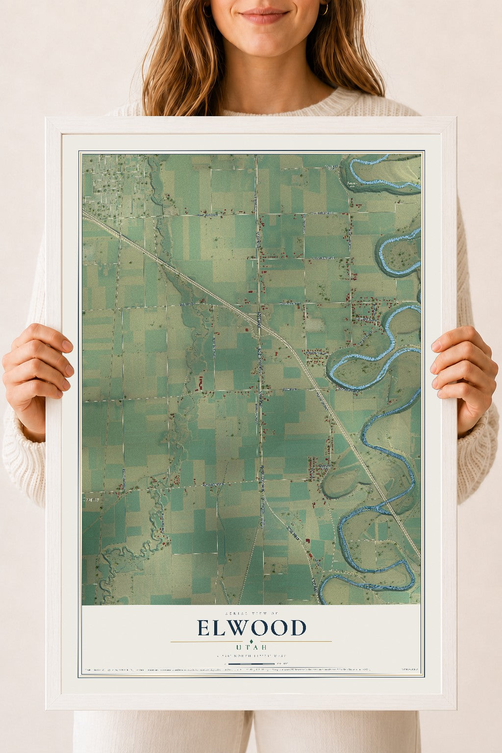 Map of Elwood, Utah, 18 x 24 inch print in a white wood frame