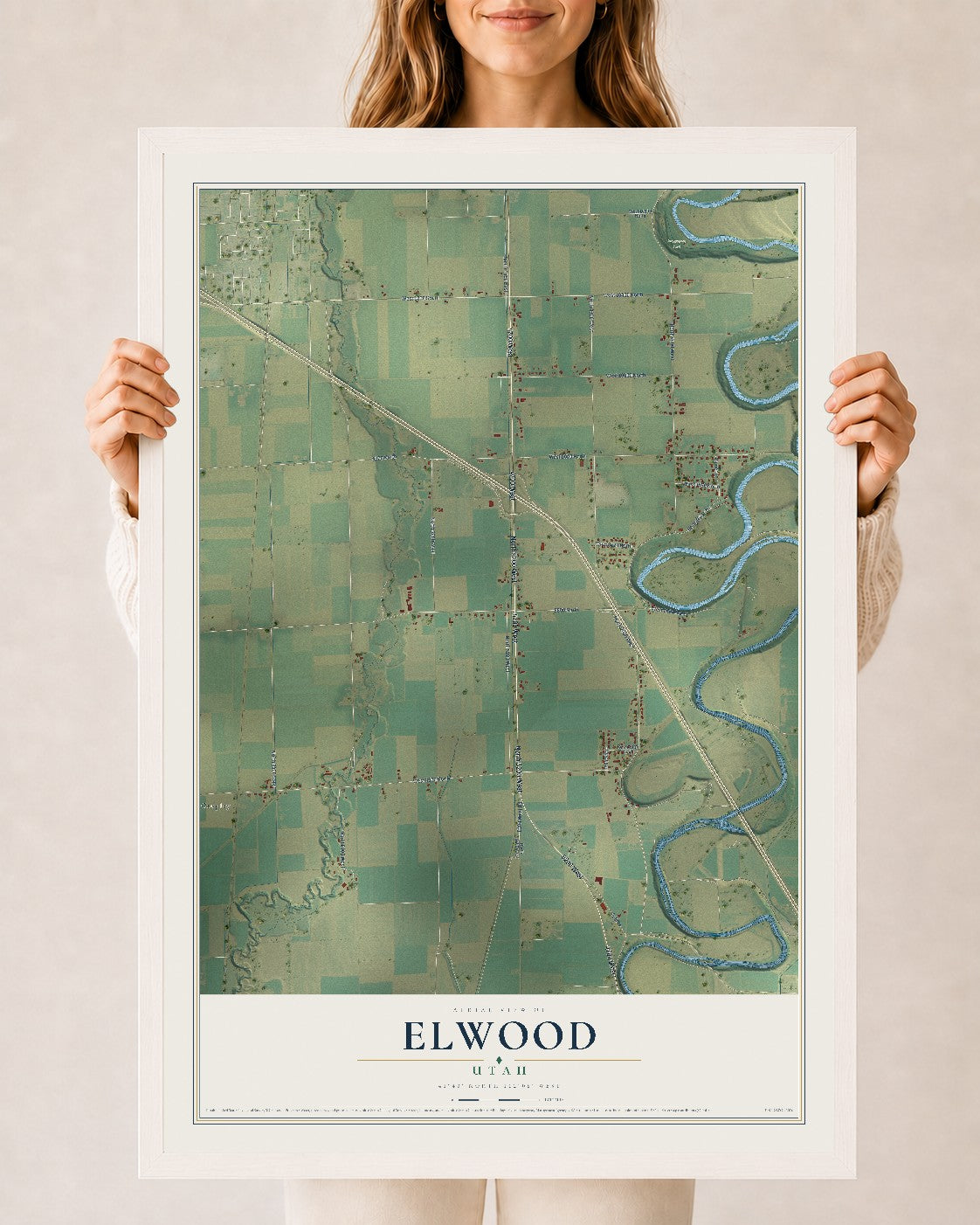 Map of Elwood, Utah, 24 x 36 inch print in a white wood frame