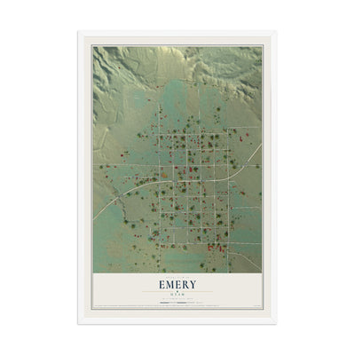 Map of Emery, Utah, 12 x 18 inch print in a white wood frame