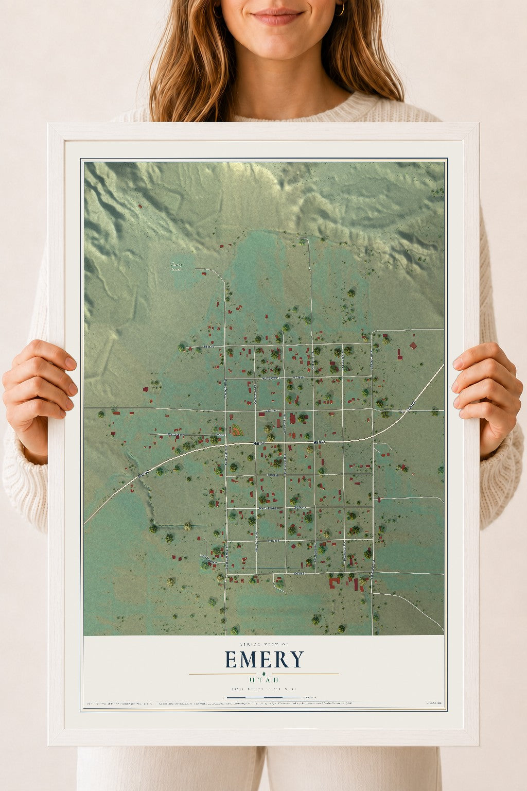 Map of Emery, Utah, 18 x 24 inch print in a white wood frame