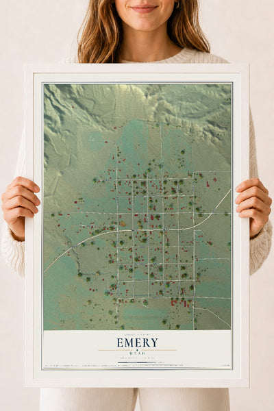 Map of Emery, Utah, 18 x 24 inch print in a white wood frame