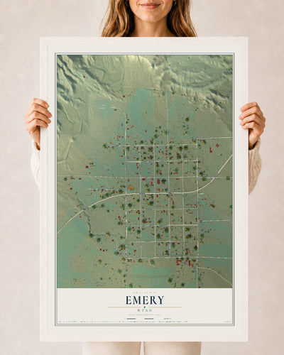 Map of Emery, Utah, 24 x 36 inch print in a white wood frame