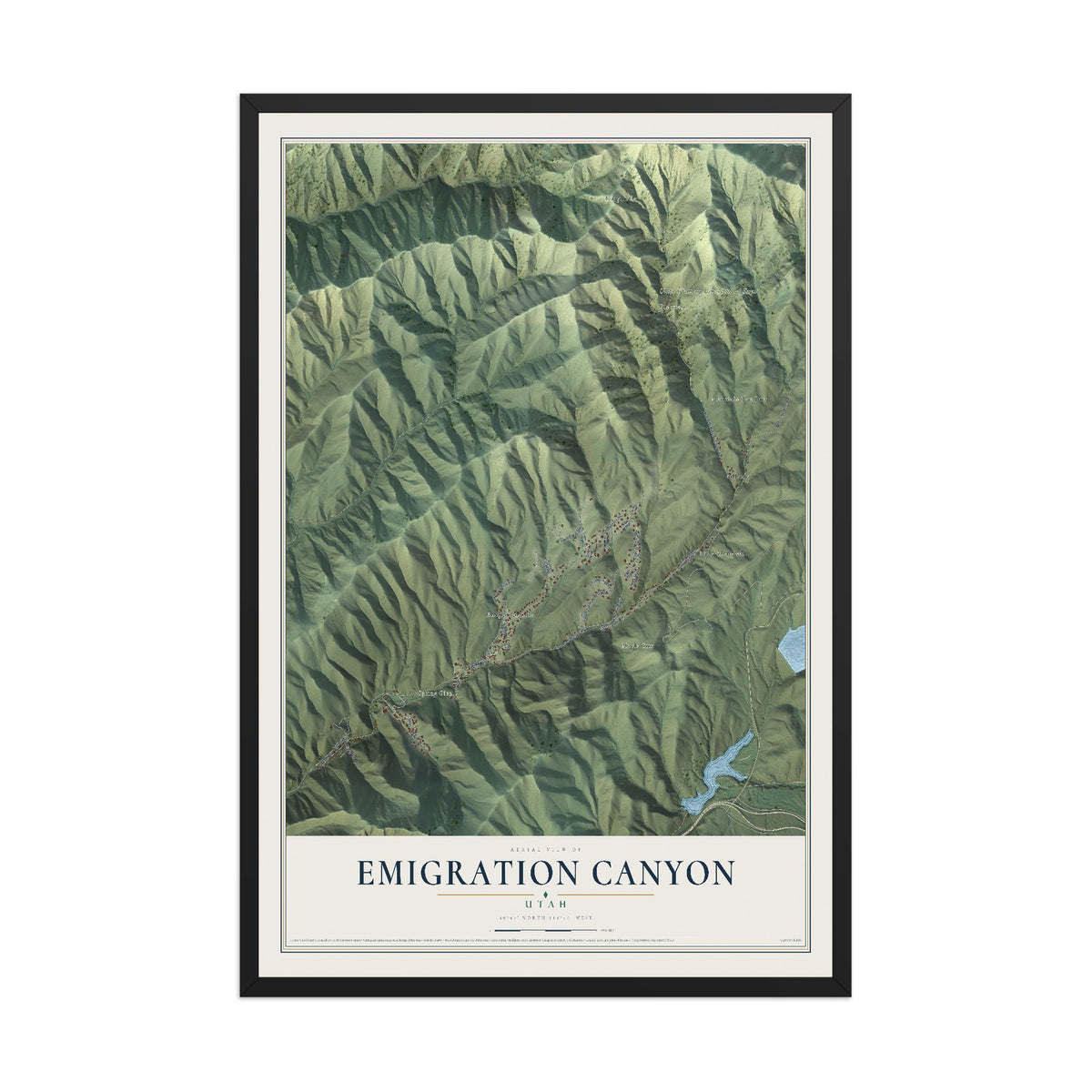 Map of Emigration Canyon, Utah, 12 x 18 inch print in a black wood frame
