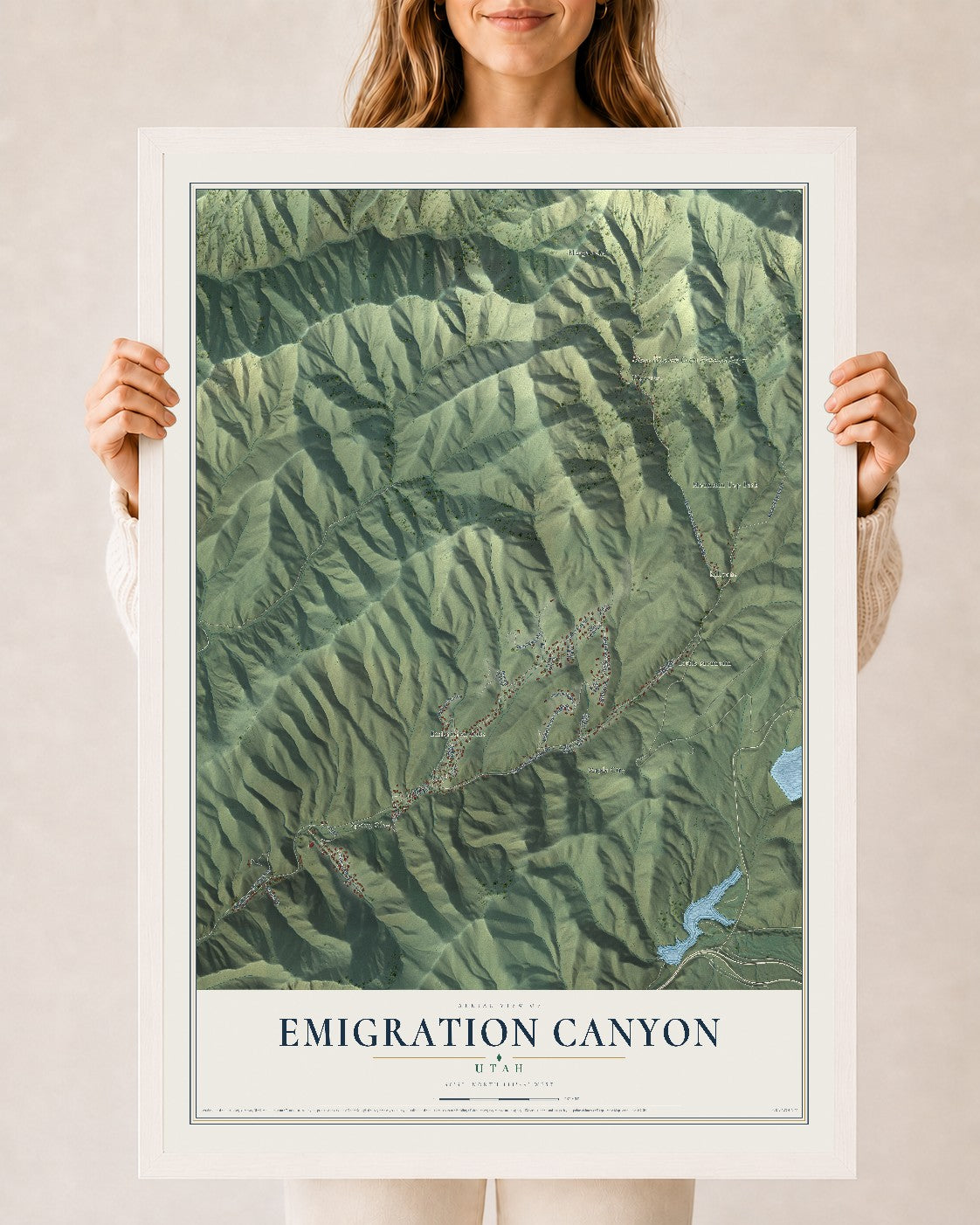 Map of Emigration Canyon, Utah, 24 x 36 inch print in a white wood frame