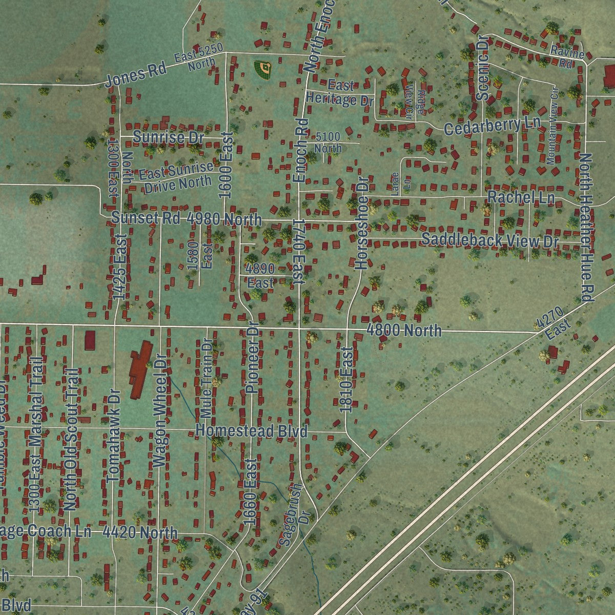 Close-up of the map of Enoch, Utah print showing street and building detail