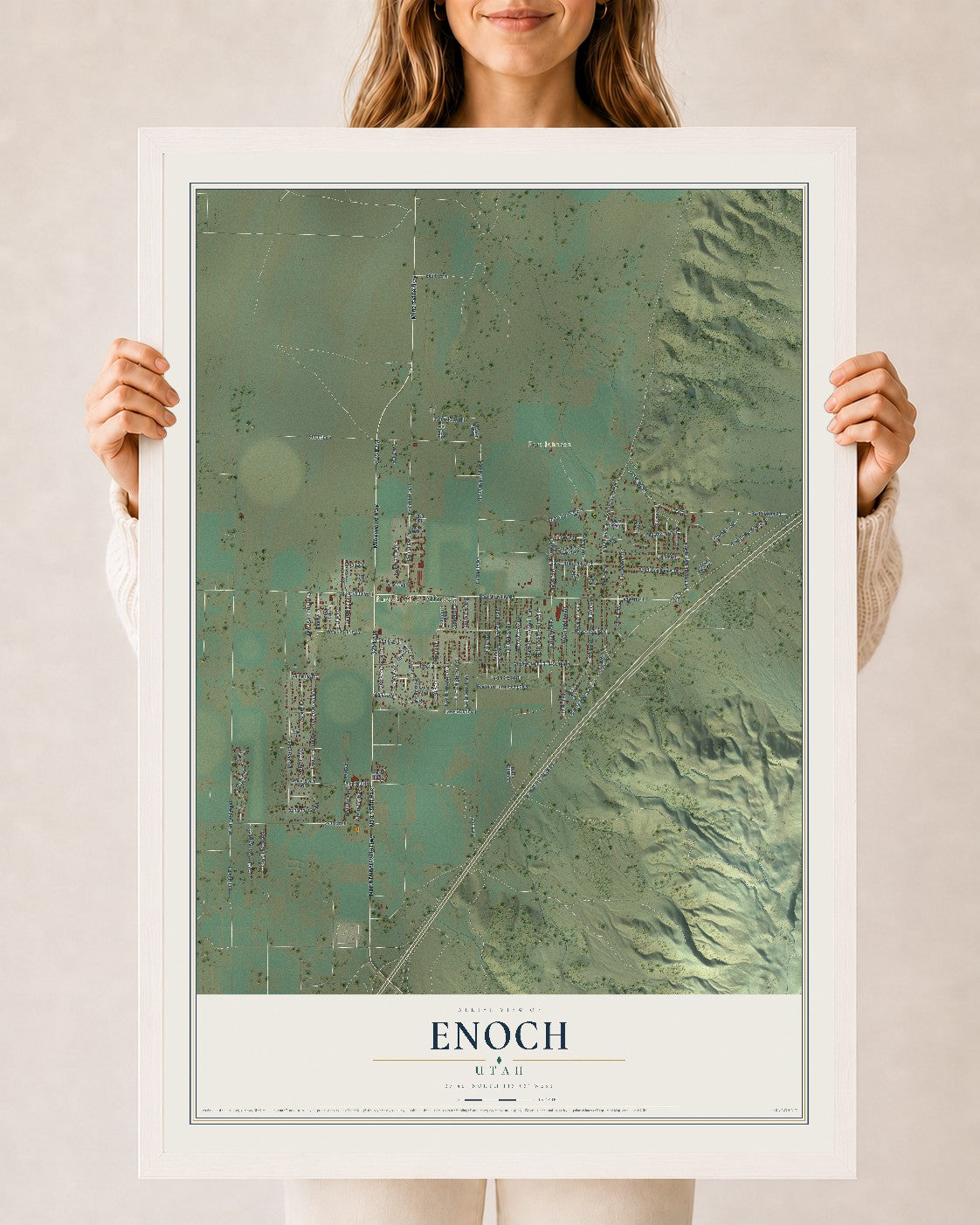 Map of Enoch, Utah, 24 x 36 inch print in a white wood frame