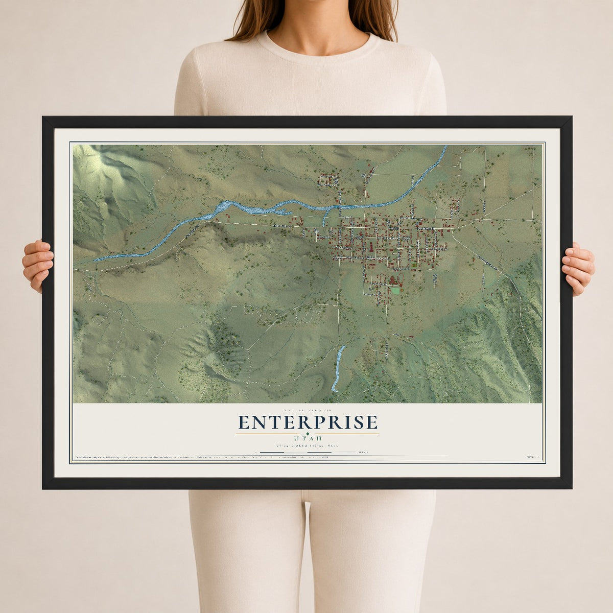 Map of Enterprise, Utah, 24 x 36 inch print in a black wood frame