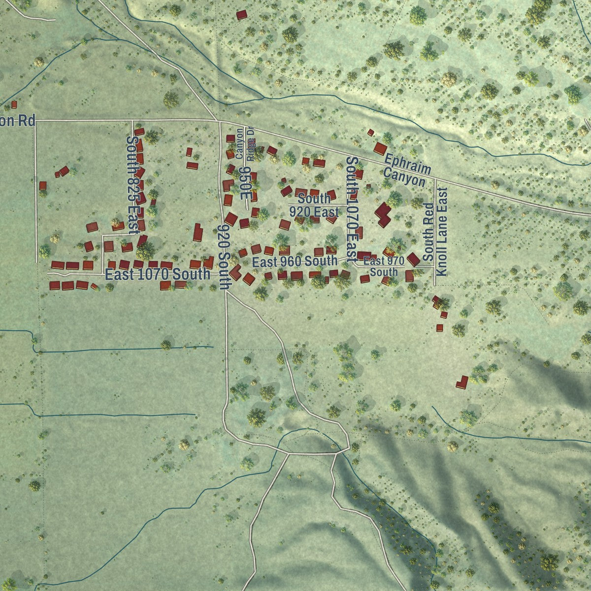 Second close-up of the map of Ephraim, Utah print showing more streets and buildings