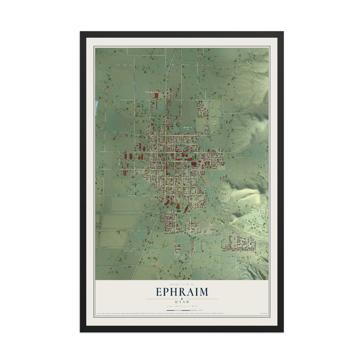 Map of Ephraim, Utah, 12 x 18 inch print in a black wood frame