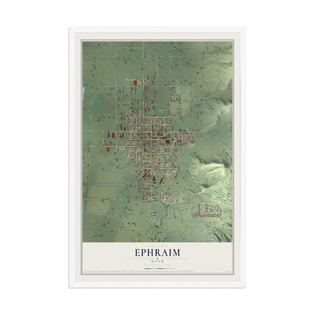 Map of Ephraim, Utah, 12 x 18 inch print in a white wood frame