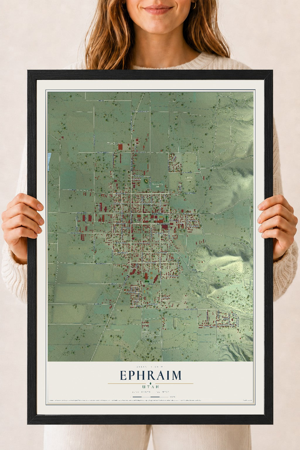 Map of Ephraim, Utah, 18 x 24 inch print in a black wood frame
