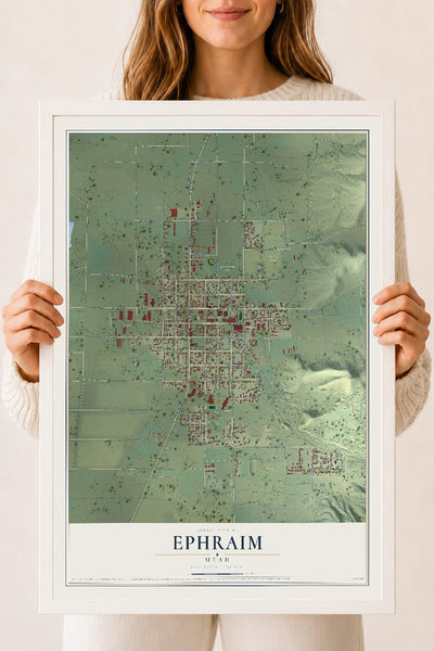 Map of Ephraim, Utah, 18 x 24 inch print in a white wood frame